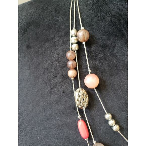 Women Layered Bead Necklace Rose Quartz Coral Stone Silver Tone Chain Clasp - Picture 2 of 6